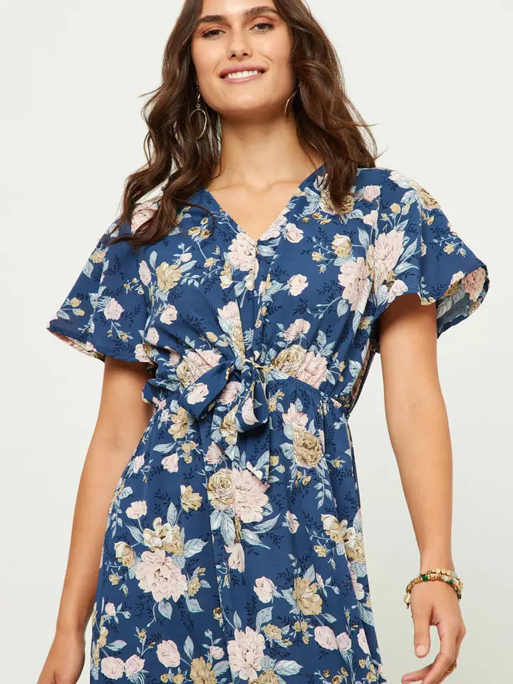 Floral Ruffled V Neck Tie Front Dress