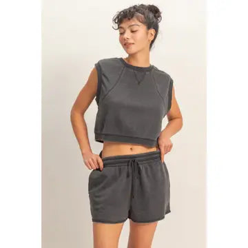 French Terry Sleeveless Short Set -Black