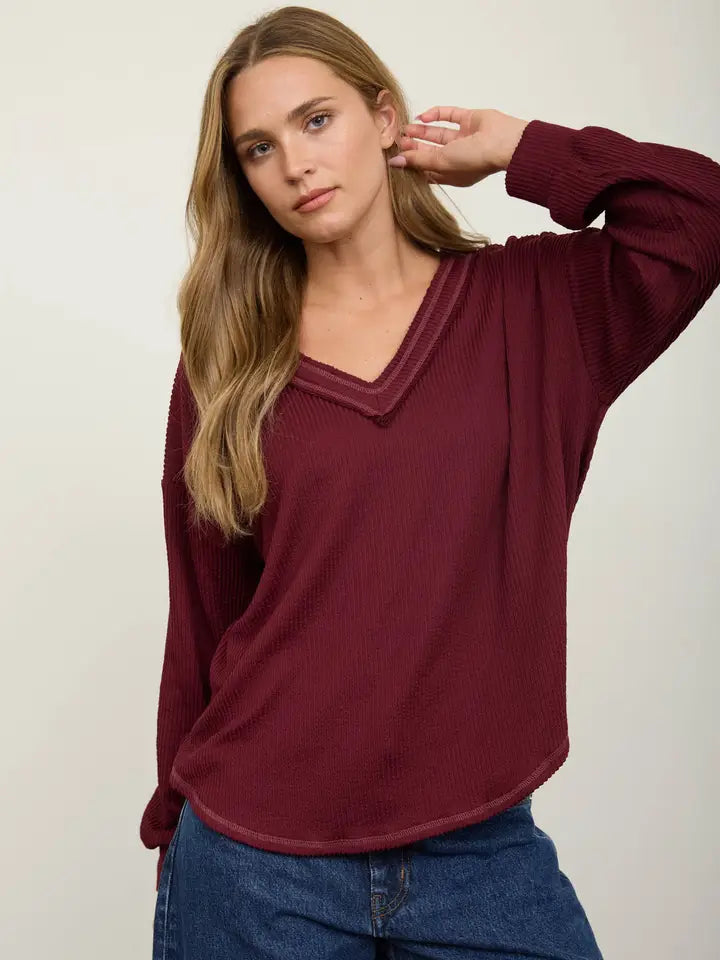 Raw Edge V-Neck Long Sleeve Textured Knit Top - Burgundy