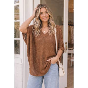 Open Weave V-Neck Batwing Sweater -Camel