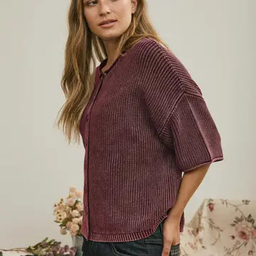 Washed Ribbed Short Sleeve Rolled Edge Cardigan - Burgundy