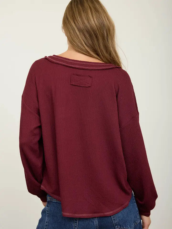 Raw Edge V-Neck Long Sleeve Textured Knit Top - Burgundy