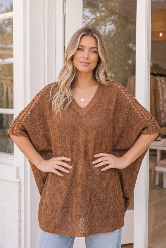 Open Weave V-Neck Batwing Sweater -Camel