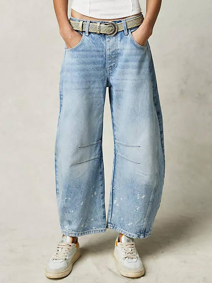 Mid Rise Wide Leg Barrel Jeans - Misty Blue