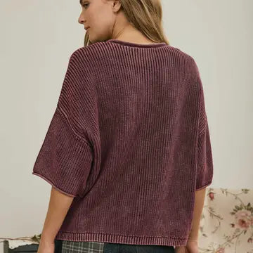 Washed Ribbed Short Sleeve Rolled Edge Cardigan - Burgundy