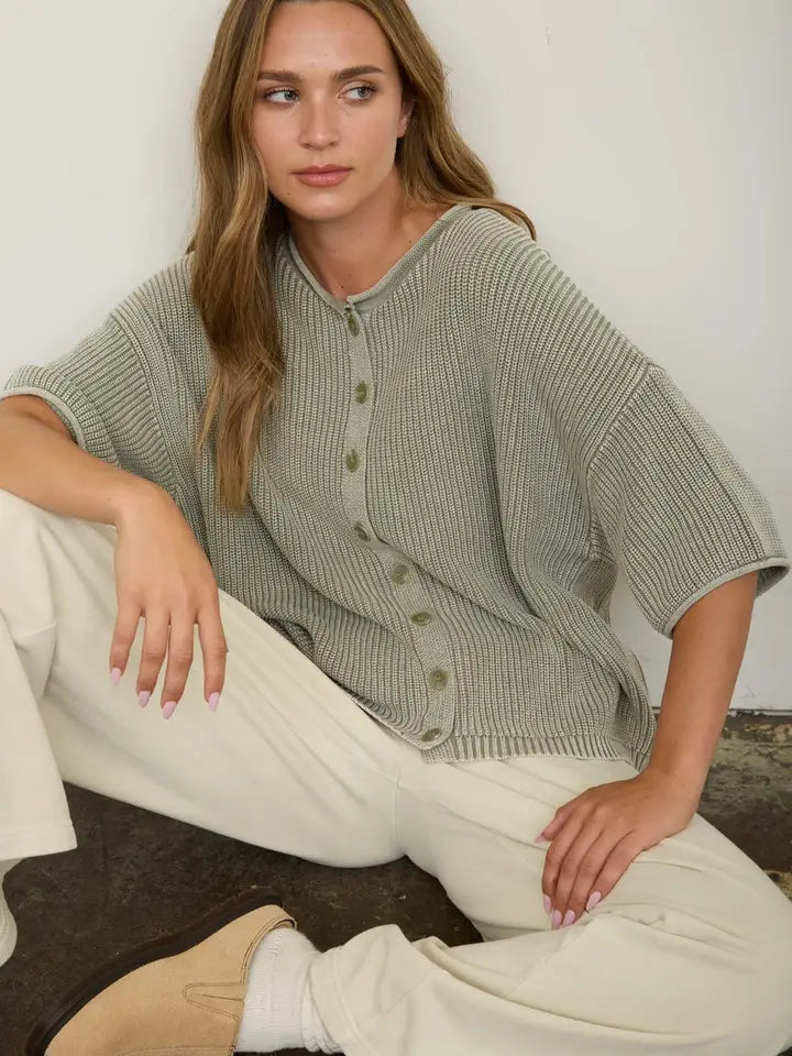 Washed Ribbed Short Sleeve Rolled Edge Cardigan
