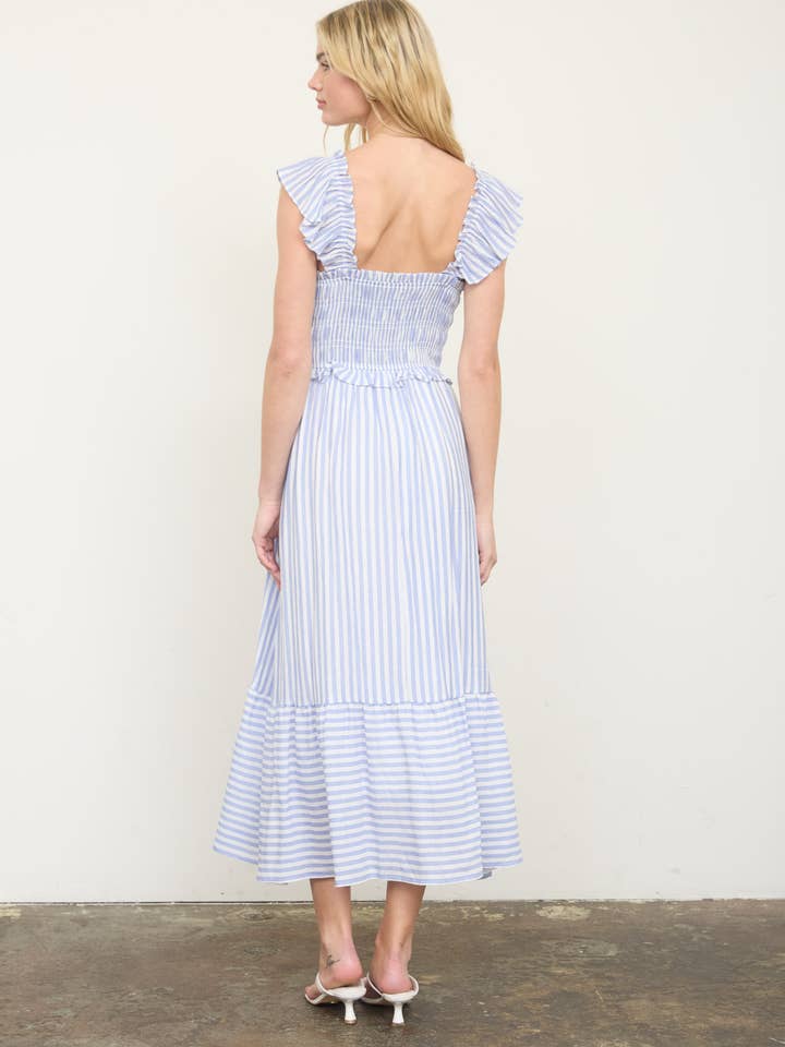 Stripe Smocked Ruffle Trim Midi Dress - Blue