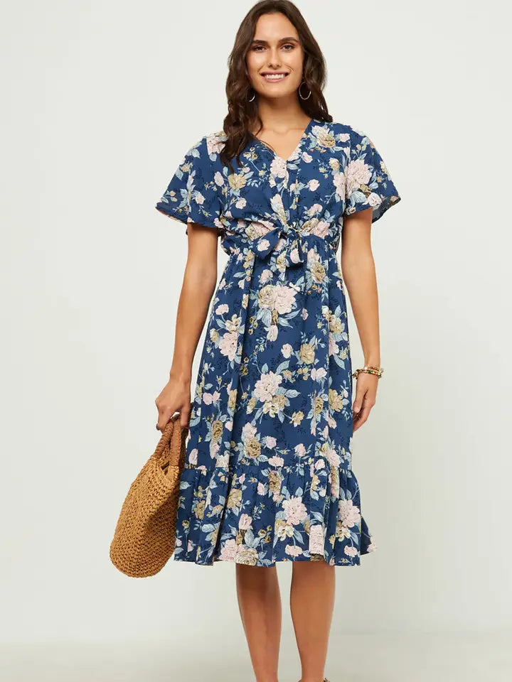 Floral Ruffled V Neck Tie Front Dress