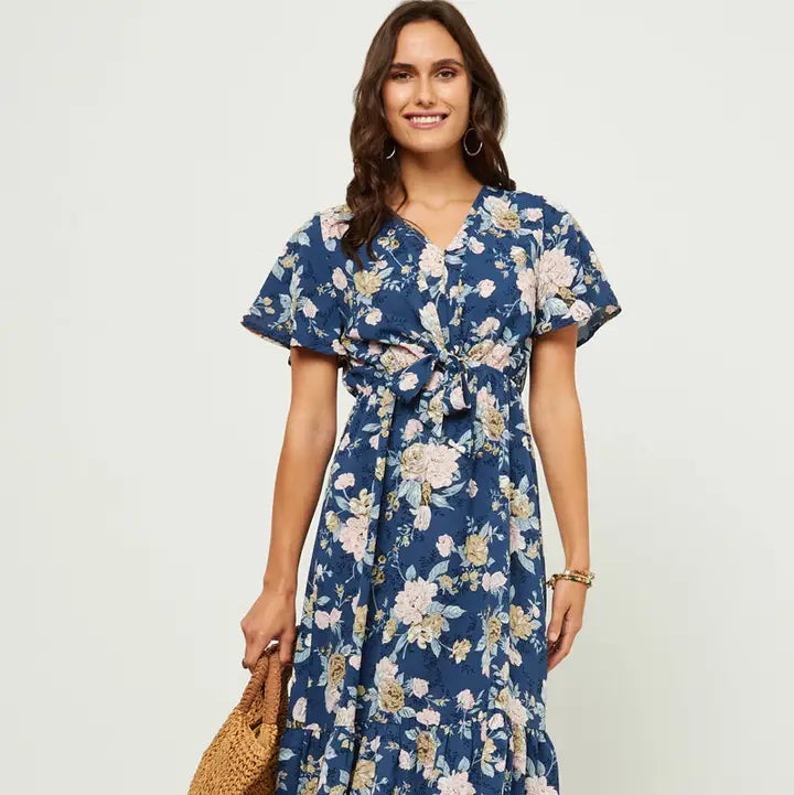 Floral Ruffled V Neck Tie Front Dress