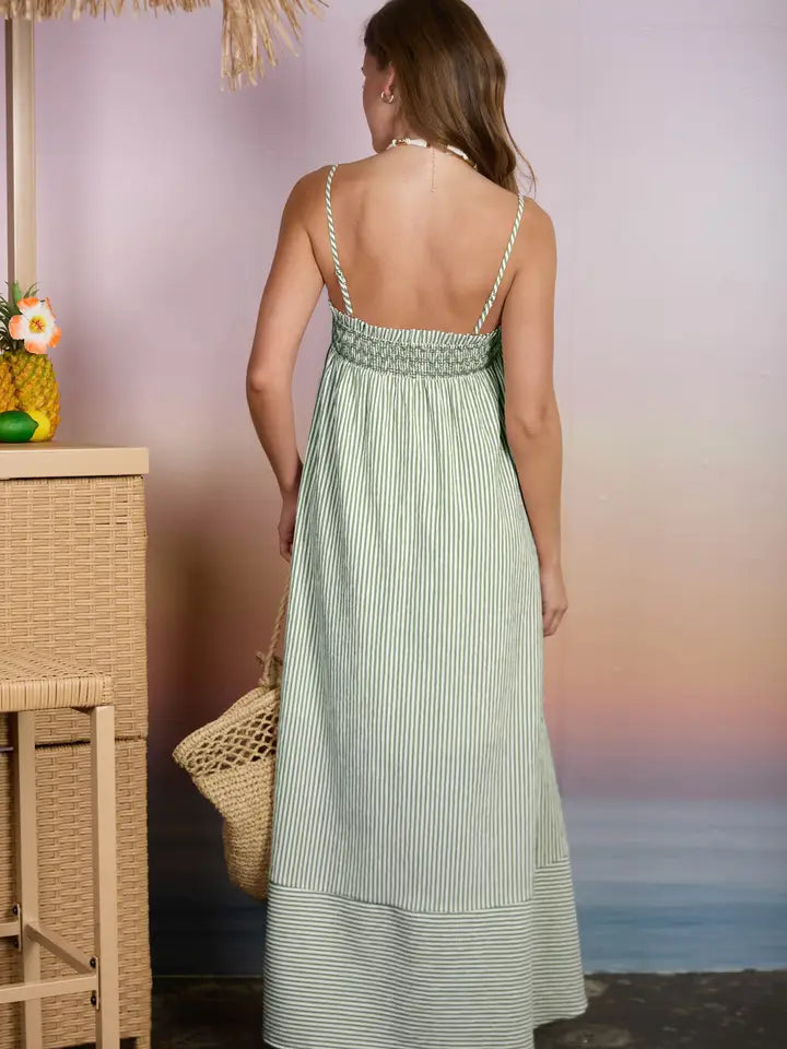 Embroidered Smocked Striped Tunic Maxi Dress - GREEN