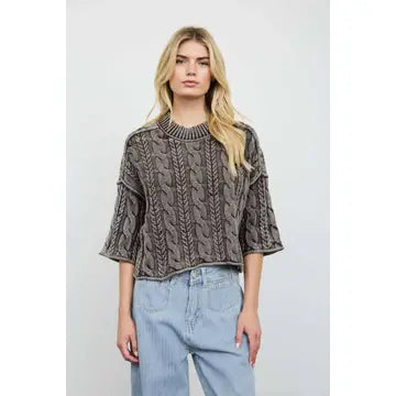 Washed 3/4 Cable Knit Pullover