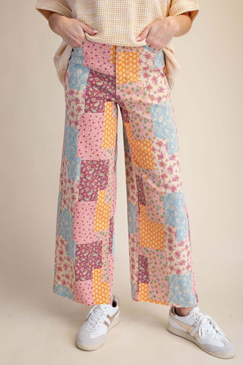 Patchwork Print Wide Leg Pants