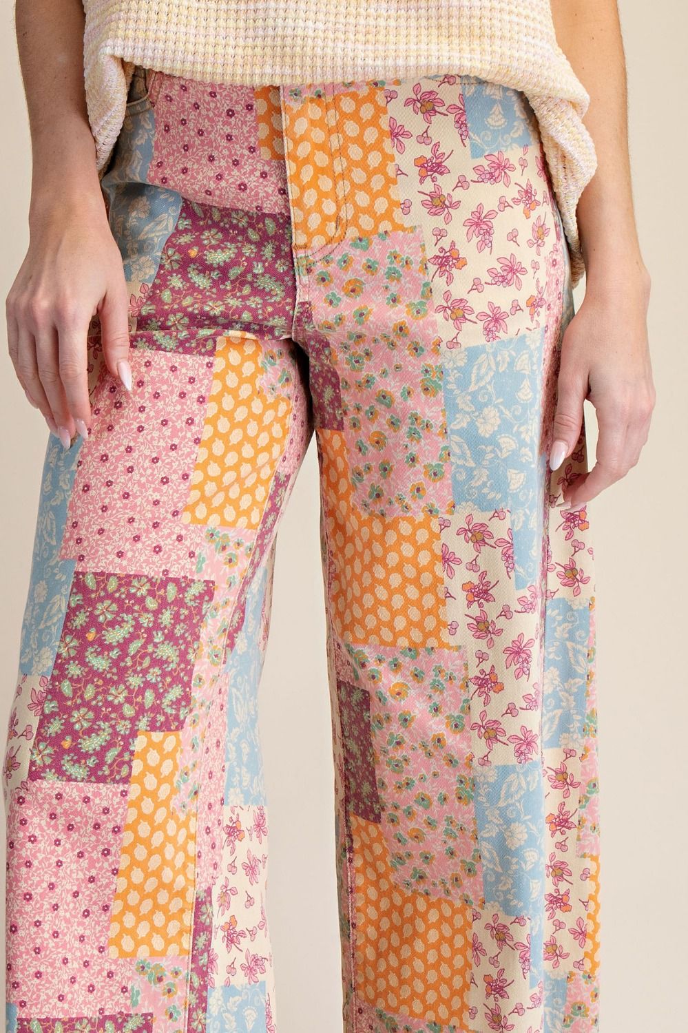 Patchwork Print Wide Leg Pants