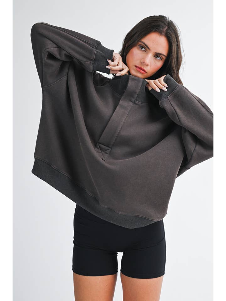 Oversized Snap Neck Pullover Sweatshirt - Charcoal ETA 8/1