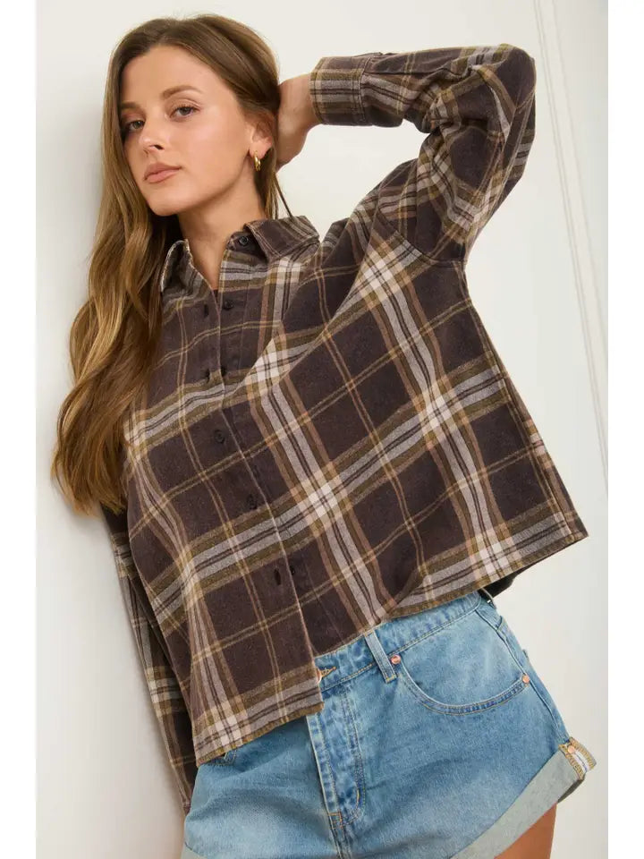 Plaid Boxy Long Sleeve Black Mix