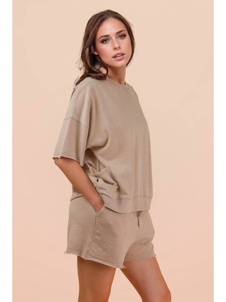 Mineral Washed Knit Casual Set - Beige