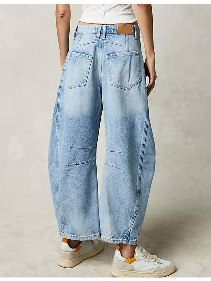 Mid Rise Wide Leg Barrel Jeans - Misty Blue