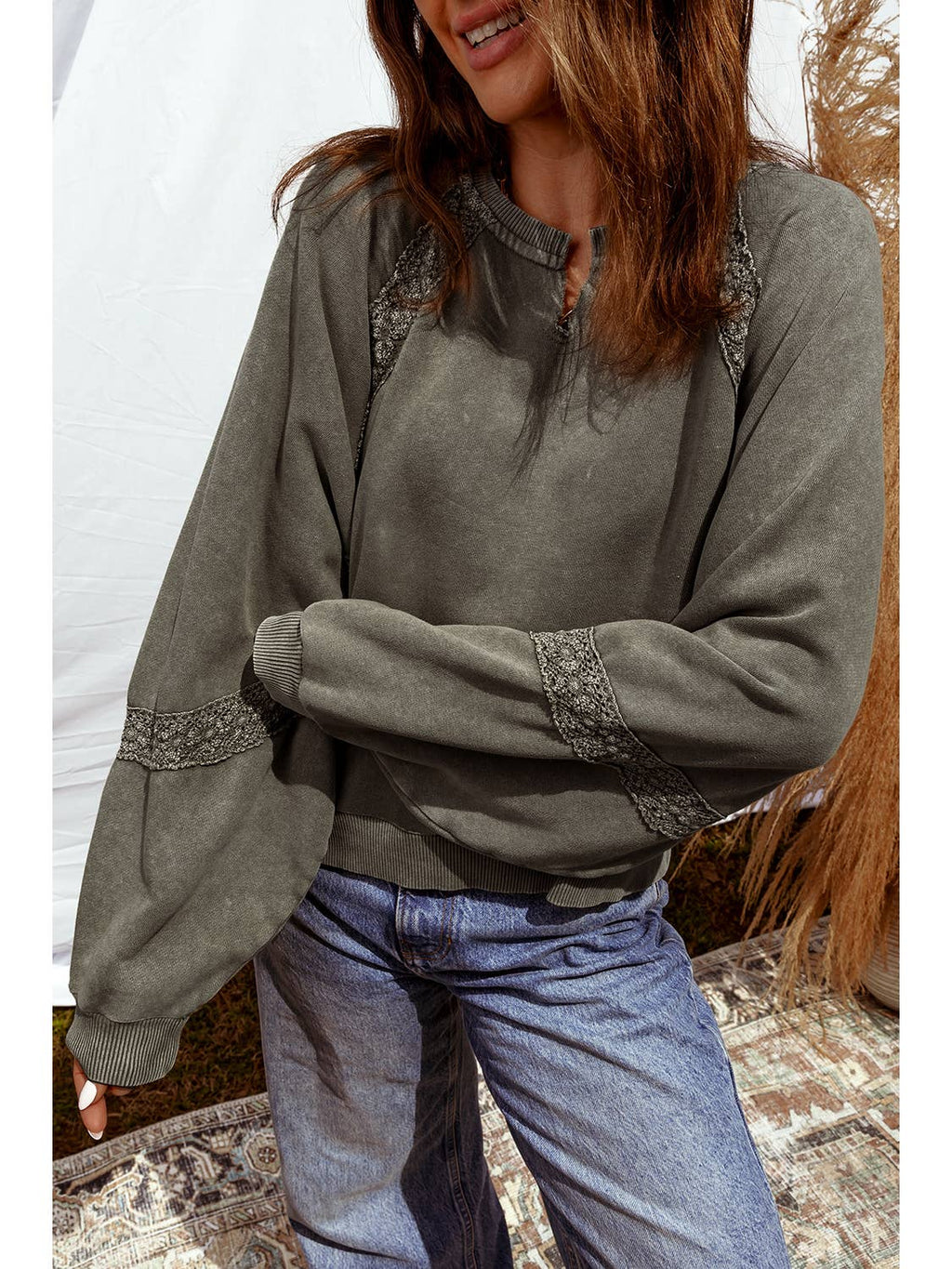 Green Laced Patchwork Mineral Wash Baggy Sweatshirt