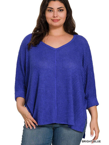 Plus Waffle 3qtr Sleeve Top, Bright Blue