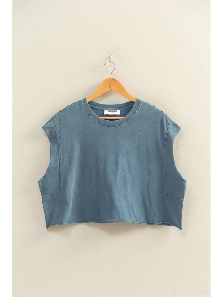 Crewneck Sleeveless Boxy Top -Navy