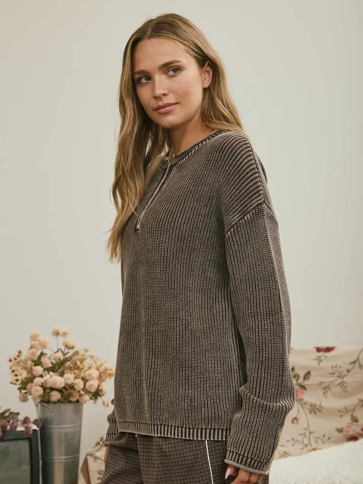 Washed Knit Sweater - Dark Brown