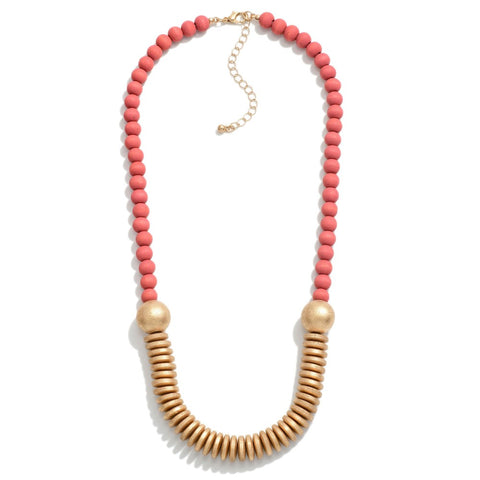 Wood Beaded Necklace, Gold & Pink