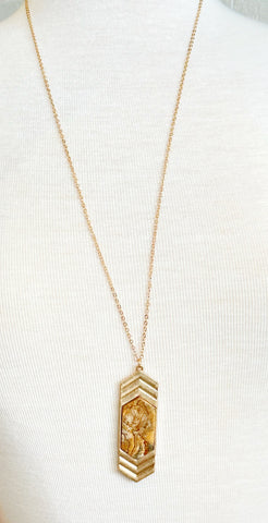 Hexagon Gold Long Necklace, Jasper Stone