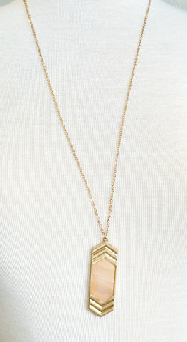 Hexagon Gold Long Necklace, Pink Stone